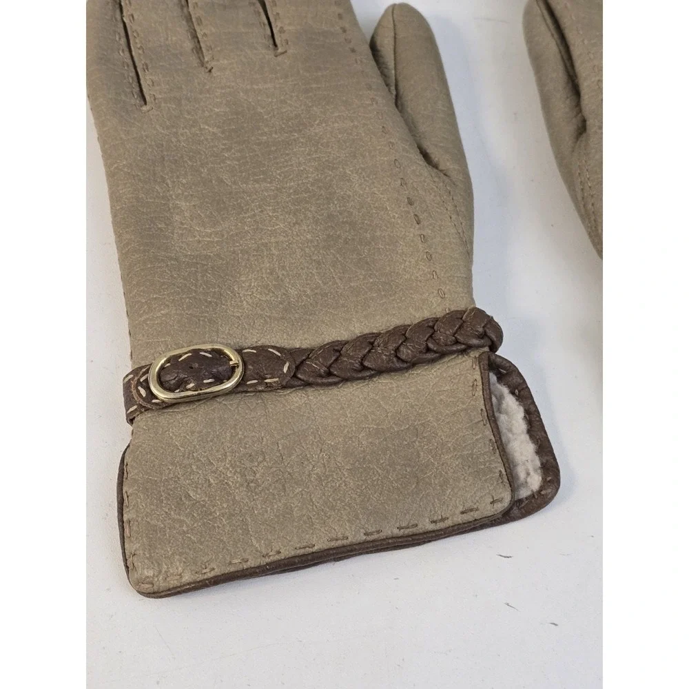 Vintage Van‎ Raalte Brown Vegan Leather Ladies Medium Gloves Sherpa Lining